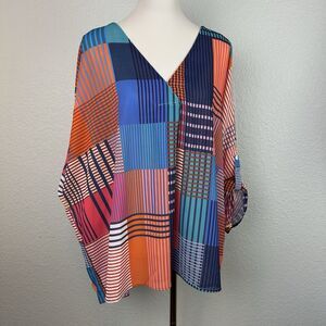 UMGEE Women's Geo Colorful Print Slinky Top Shirt Oversized V-Neck Size XL